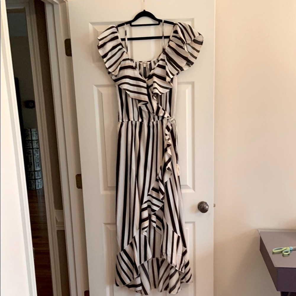 Blush Black and White Asymmetrical Ruffled Sundress